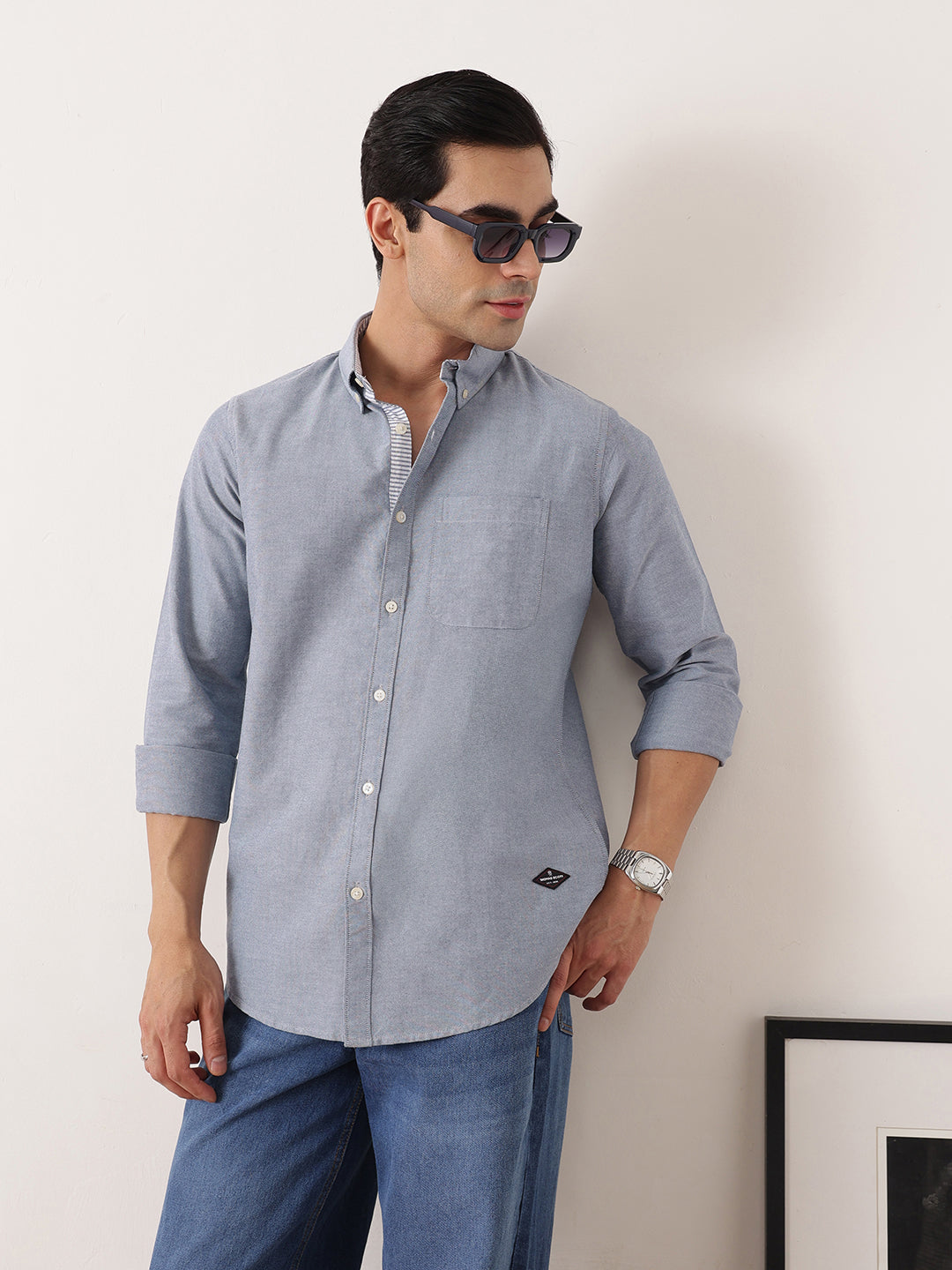 Thomas Scott Men Beige Navy Premium Slim Fit Long Sleeves Button-Down Collar Solid Cotton Oxford Casual Shirt