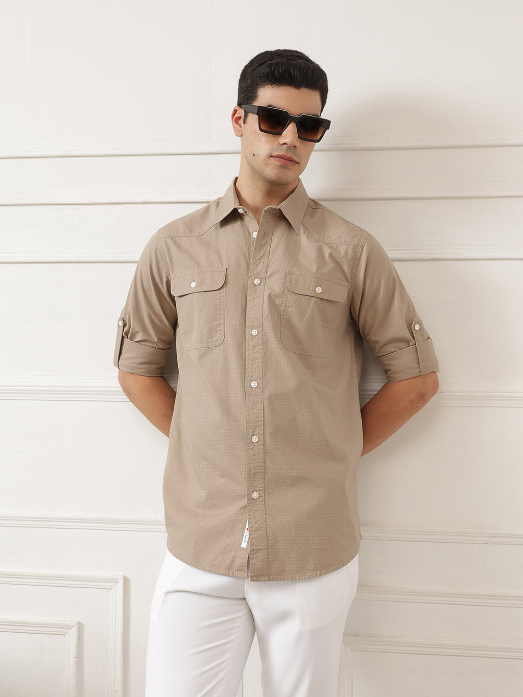Beige Roll-Up Sleeve Regular Fit Spread Collar Textured Cotton Casual Shirt For Men