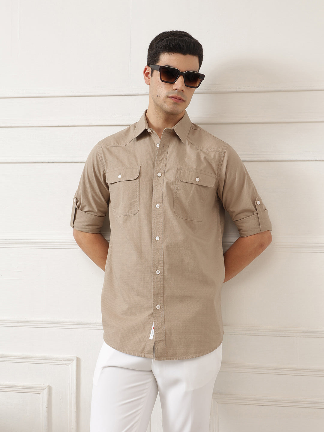 Beige Roll-Up Sleeve Regular Fit Spread Collar Textured Cotton Casual Shirt For Men