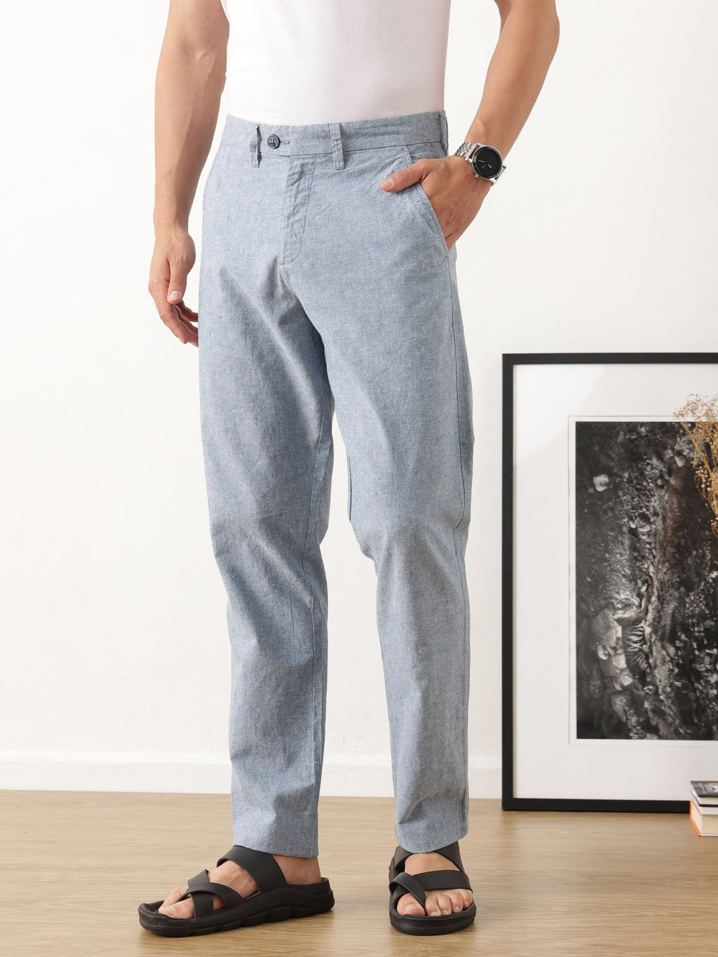 Thomas Scott Men Smart Blue Straight Fit Mid-Rise Solid Woven Linen Trouser