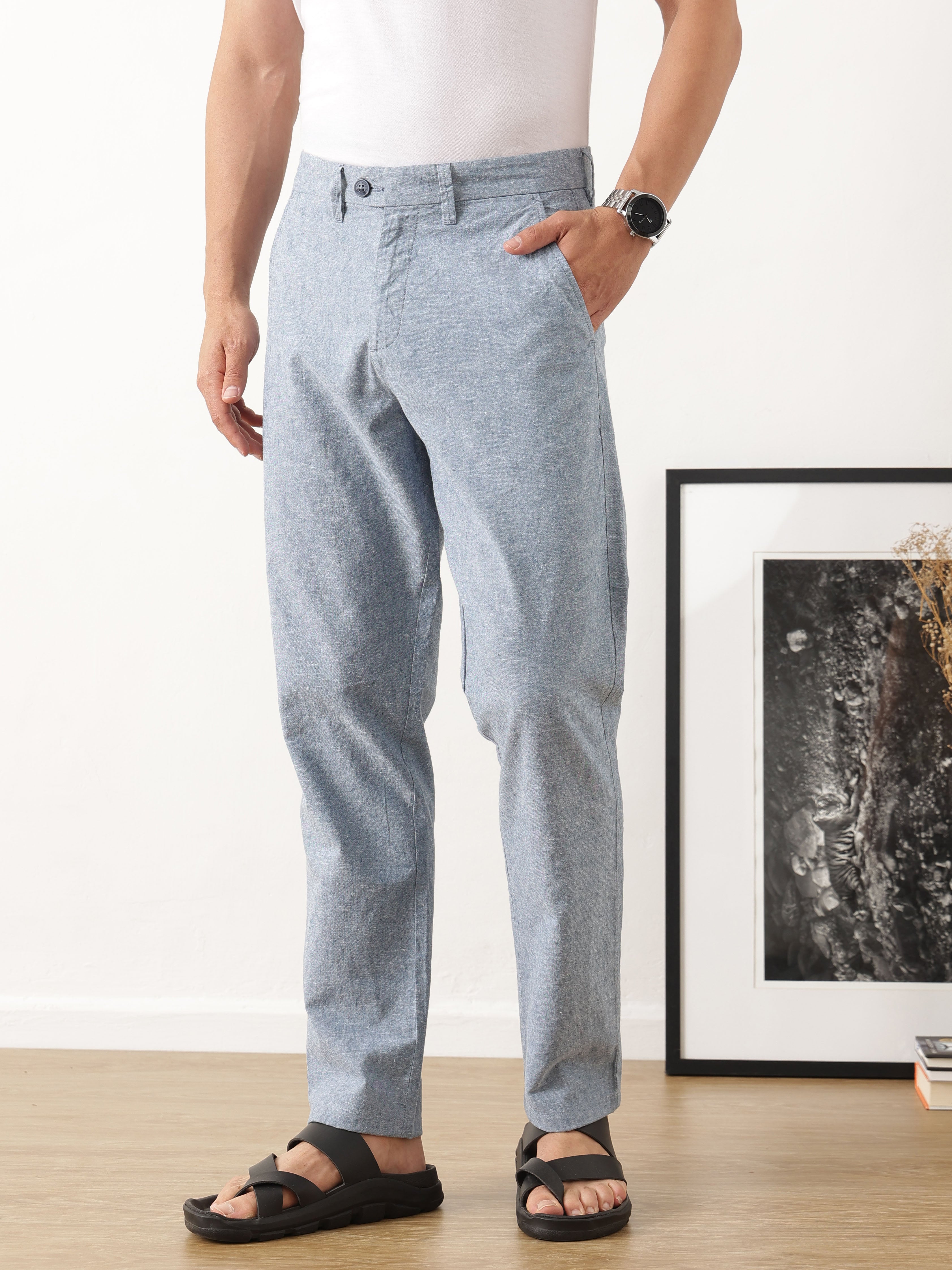 Thomas Scott Men Smart Blue Straight Fit Mid-Rise Solid Woven Linen Trouser