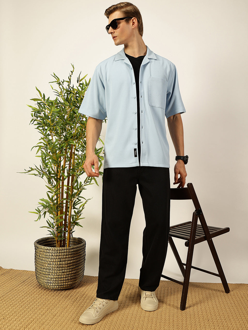 Thomas Scott Men Sky Blue Premium Short Sleeves Regular Fit Cuban Collar Textured Cotton Twill Shirt