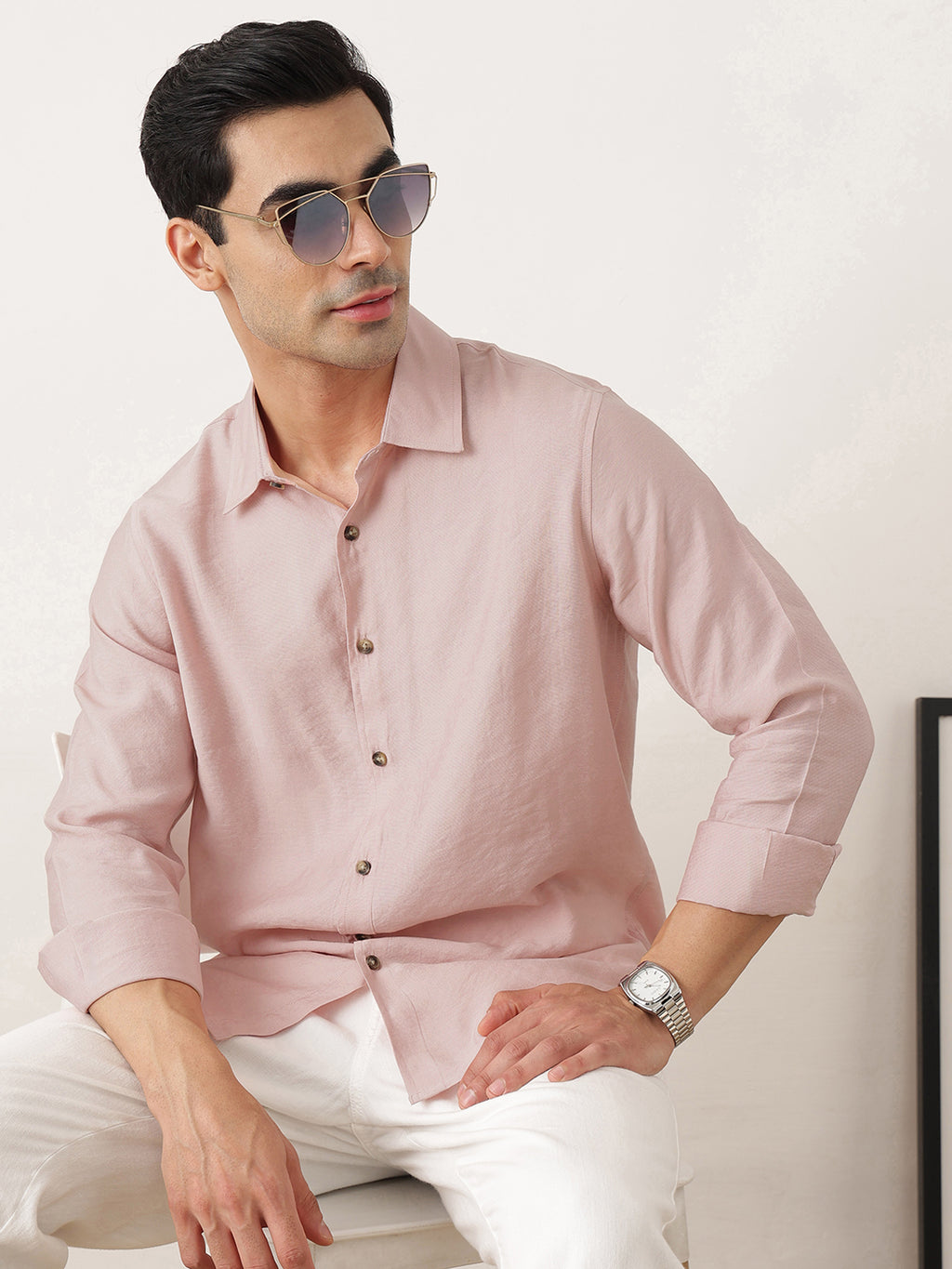 Thomas Scott Men Peach Premium Slim Fit Long Sleeves Semi Cutaway Collar Casual Shirt