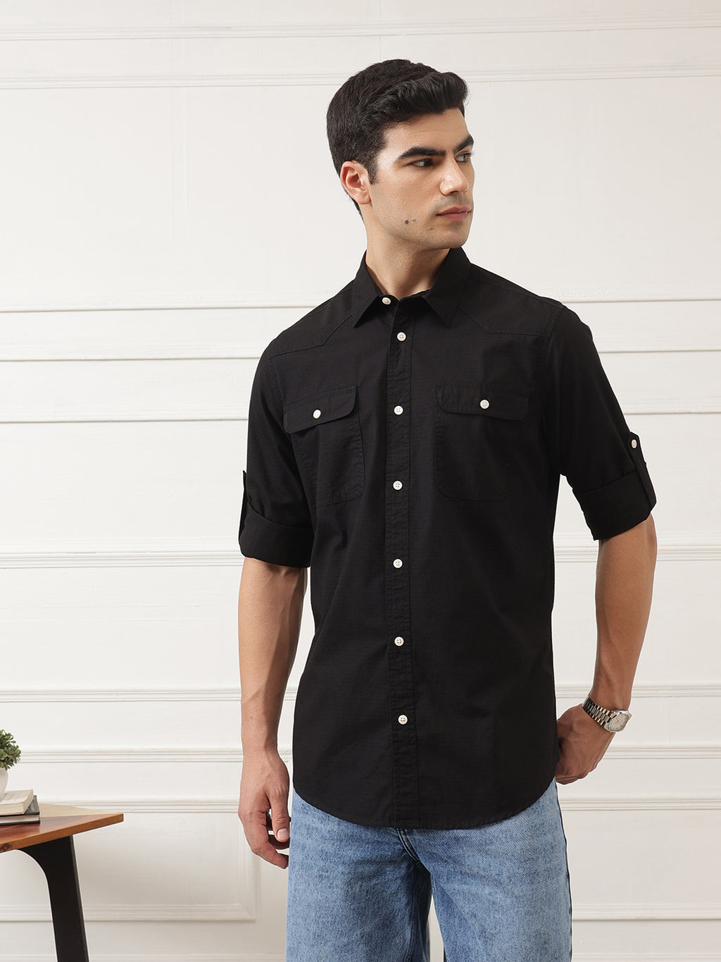 Black Roll-Up Sleeve Regular Fit Spread Collar Textured Cotton Casual Shirt For Men