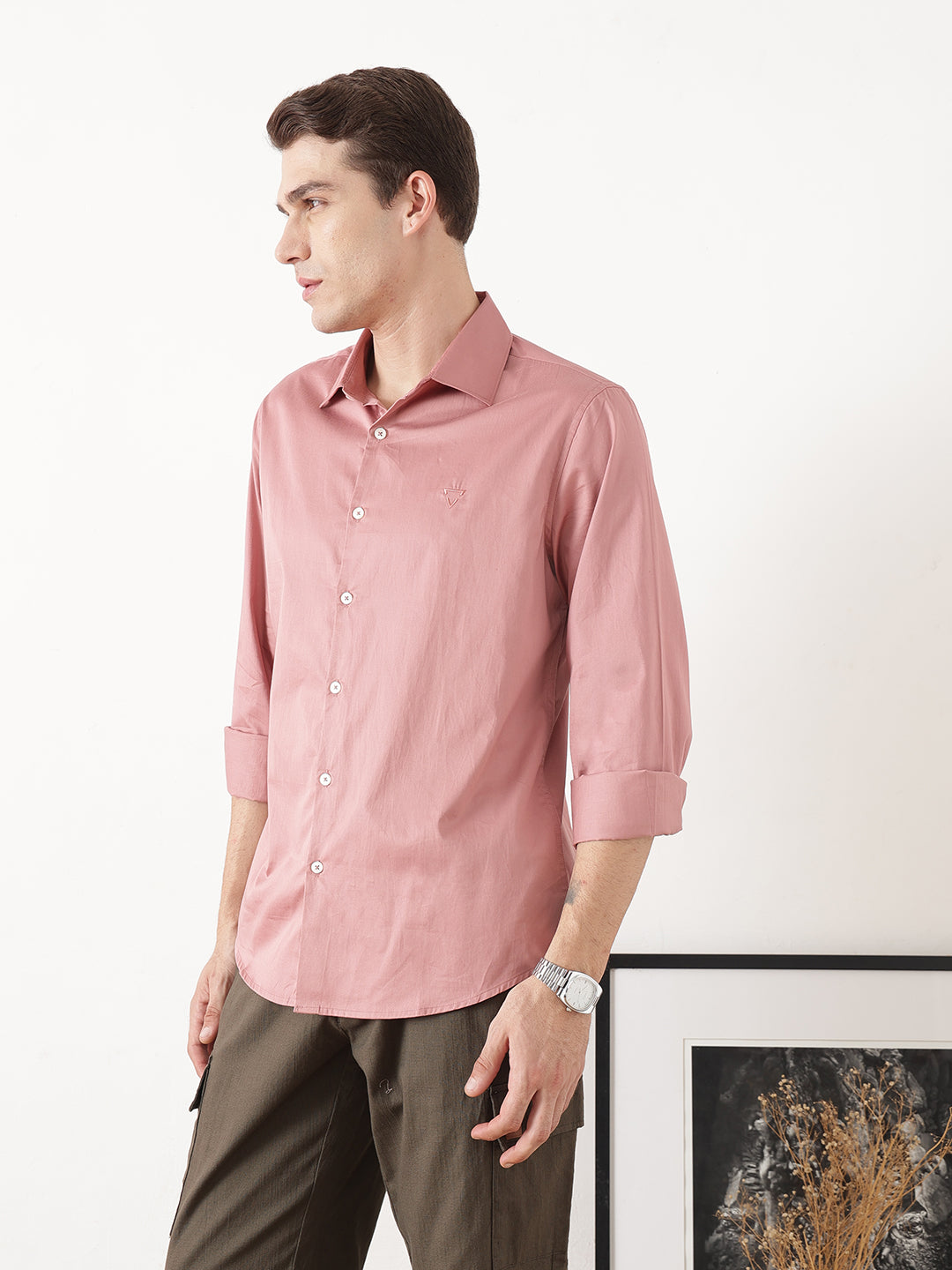 Peach Premium Slim Fit Solid Cotton Casual Shirt For Men