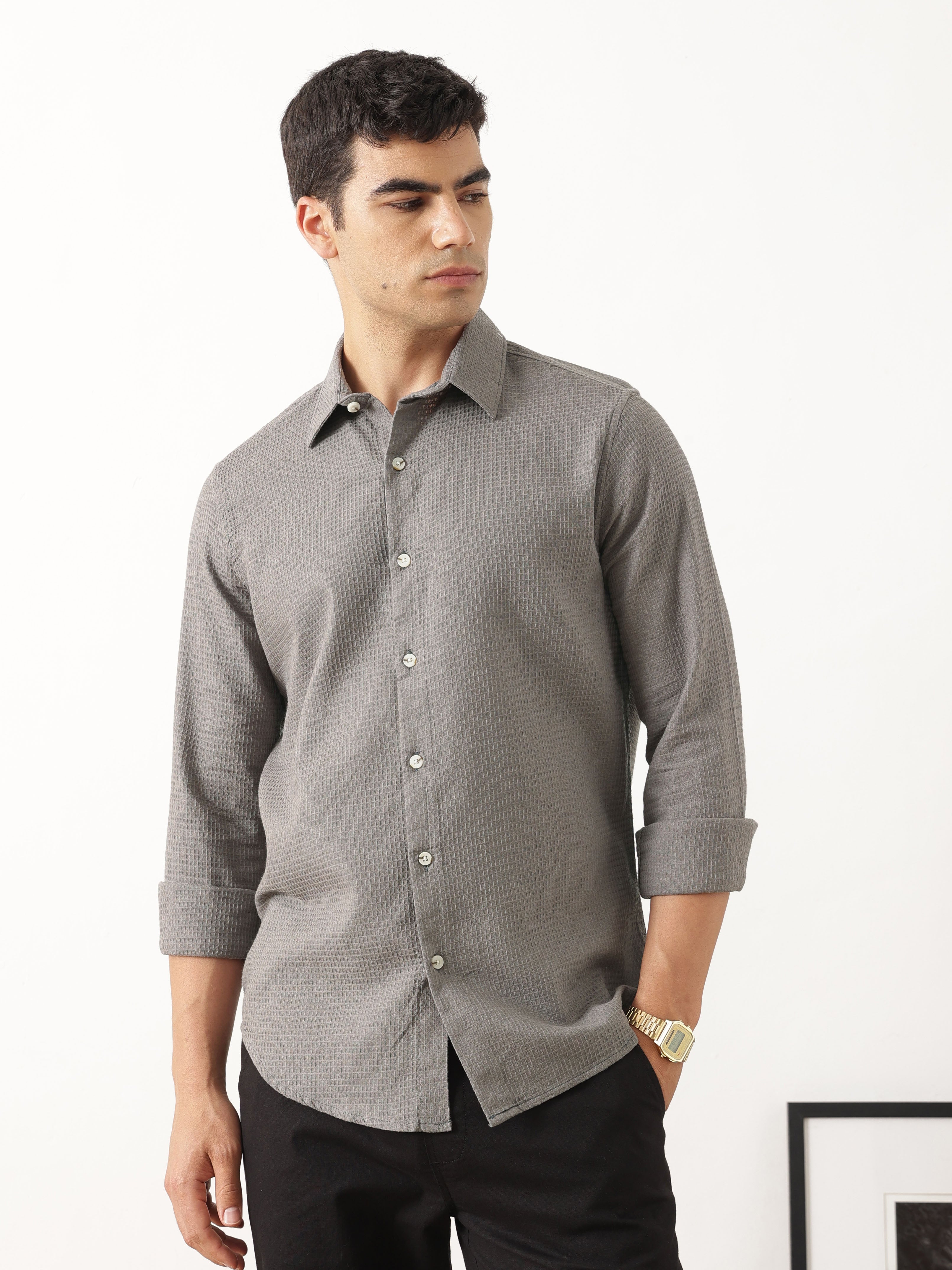 Thomas Scott Men Premium Grey Regular Fit Long Sleeves Spread Collar Textured Casual Shirt