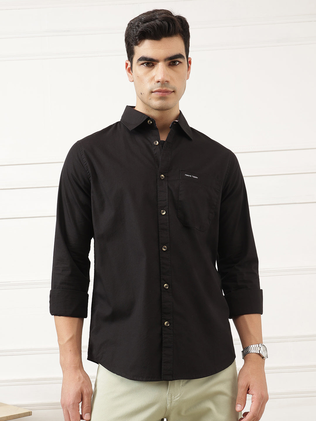 Black Premium Regular Fit Long Sleeves Spread Collar Solid Cotton Casual Shirt For Men