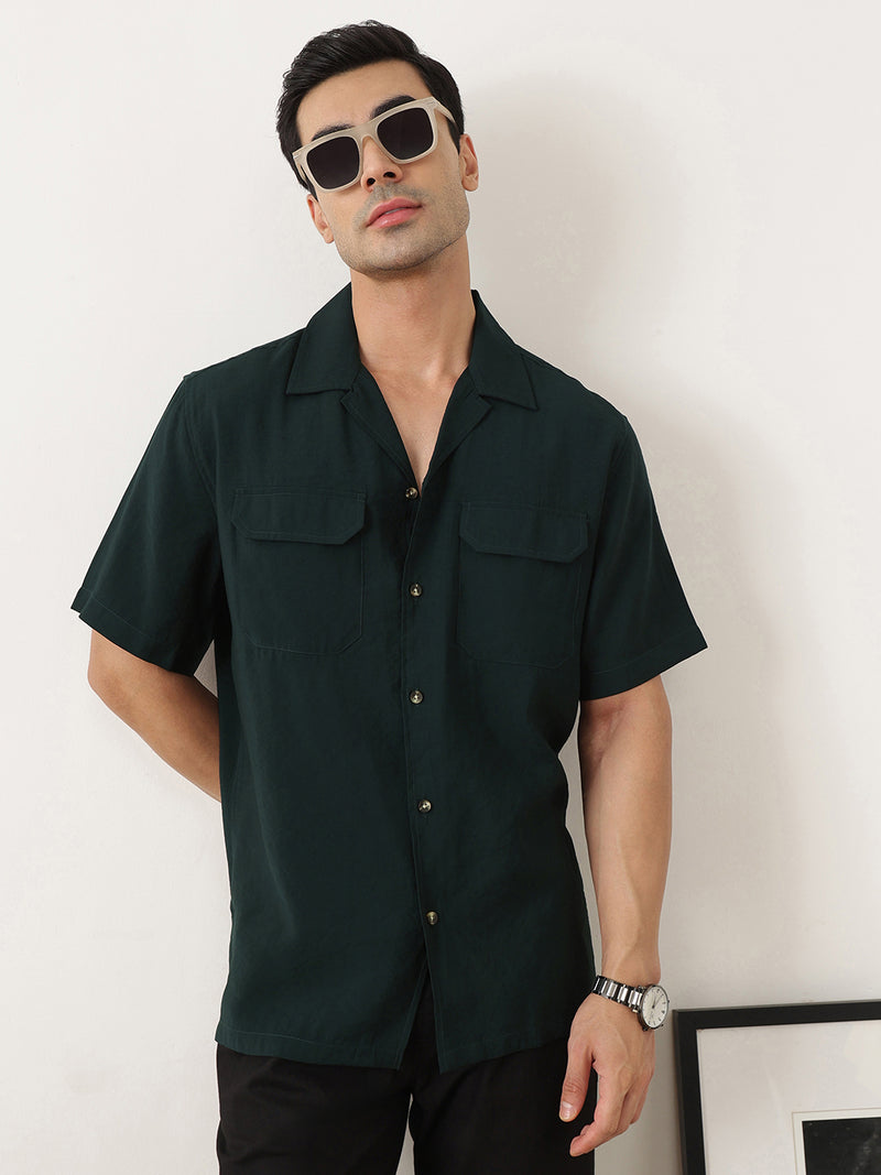 Thomas Scott Men Premium Olive Oversize Fit Short Sleeves Cuban Collar Textured Casual Shirt
