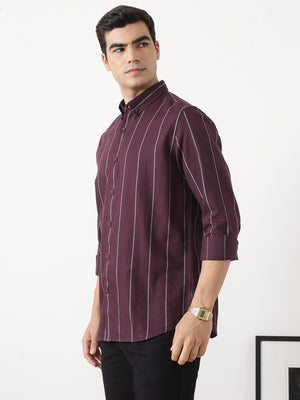 Maroon Slim Fit Long Sleeves Button-Down Collar Vertical Stripes Cotton Twill Casual Shirt For Men