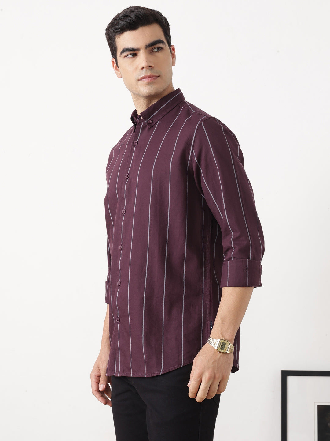 Maroon Slim Fit Long Sleeves Button-Down Collar Vertical Stripes Cotton Twill Casual Shirt For Men