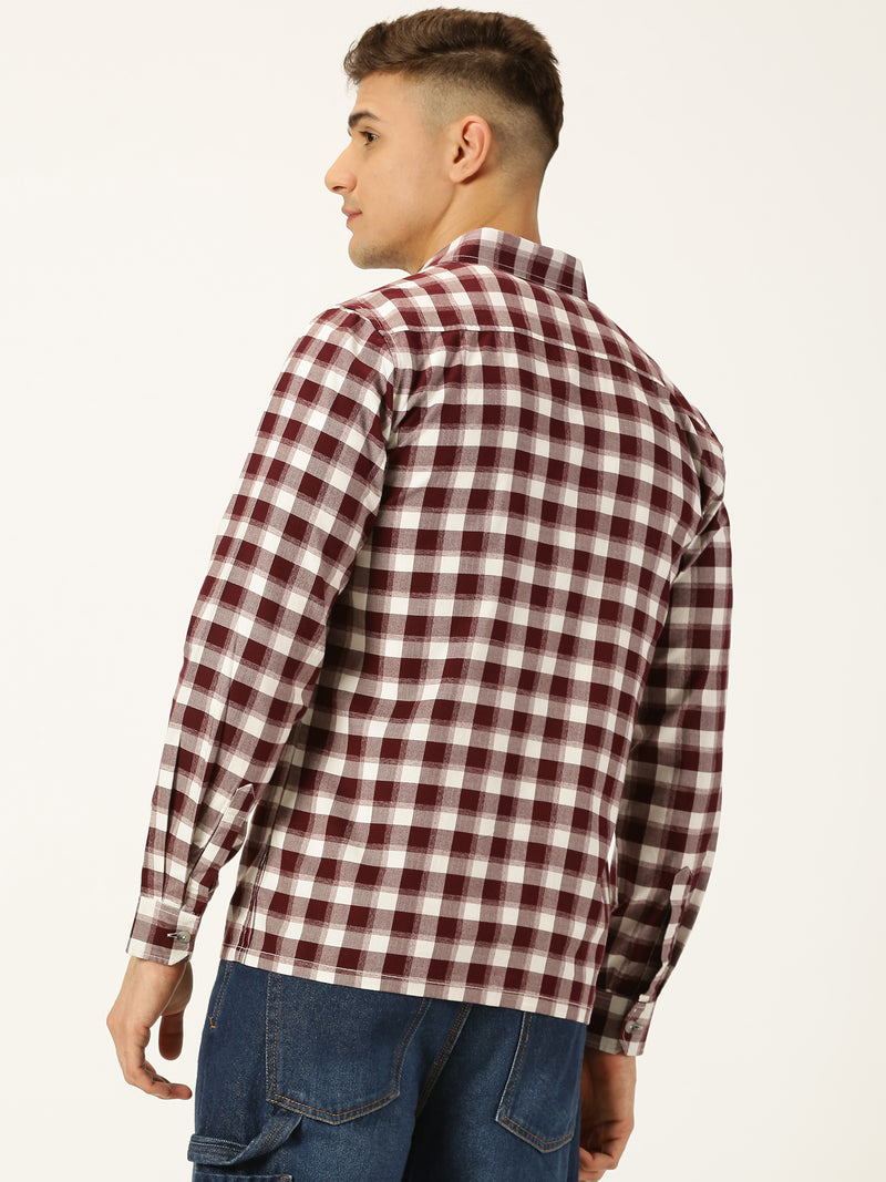 Thomas Scott Men Maroon Standard Long Sleeves Regular Fit Spread Collar Gingham Checked Cotton Casual Shirt