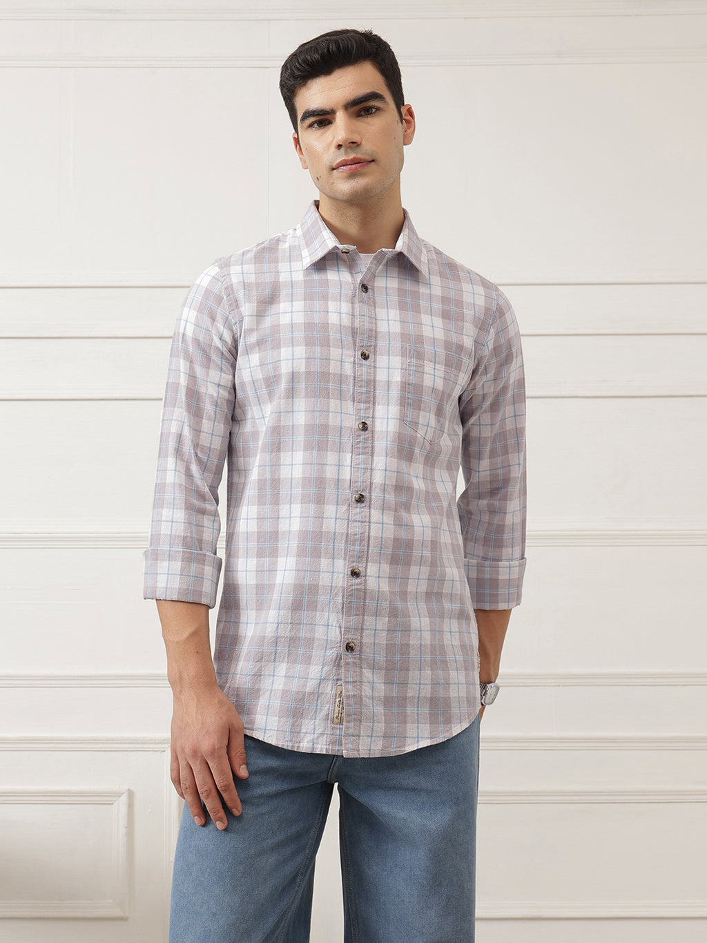 Grey Premium Slim Fit Graphic Checked Cotton Linen Casual Shirt For Men