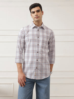 Grey Premium Slim Fit Graphic Checked Cotton Linen Casual Shirt For Men