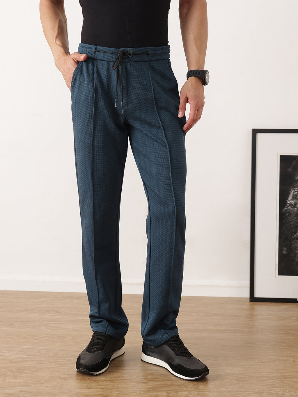 Thomas Scott Men Blue Smart Regular Fit Mid-Rise Textured Pleated Knitted Casual Trousers with Drawstring Closure