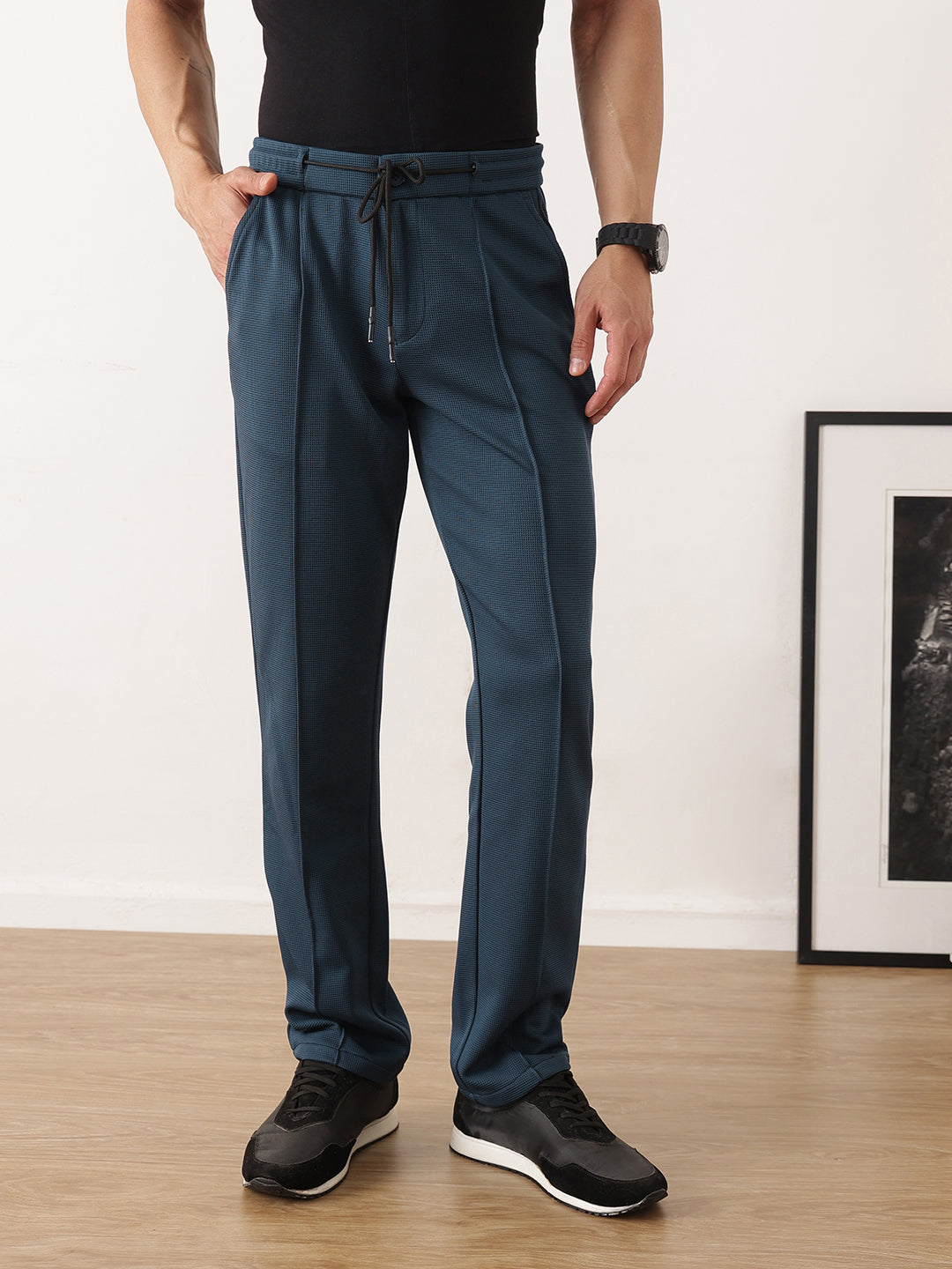 Thomas Scott Men Blue Smart Regular Fit Mid-Rise Textured Pleated Knitted Casual Trousers with Drawstring Closure