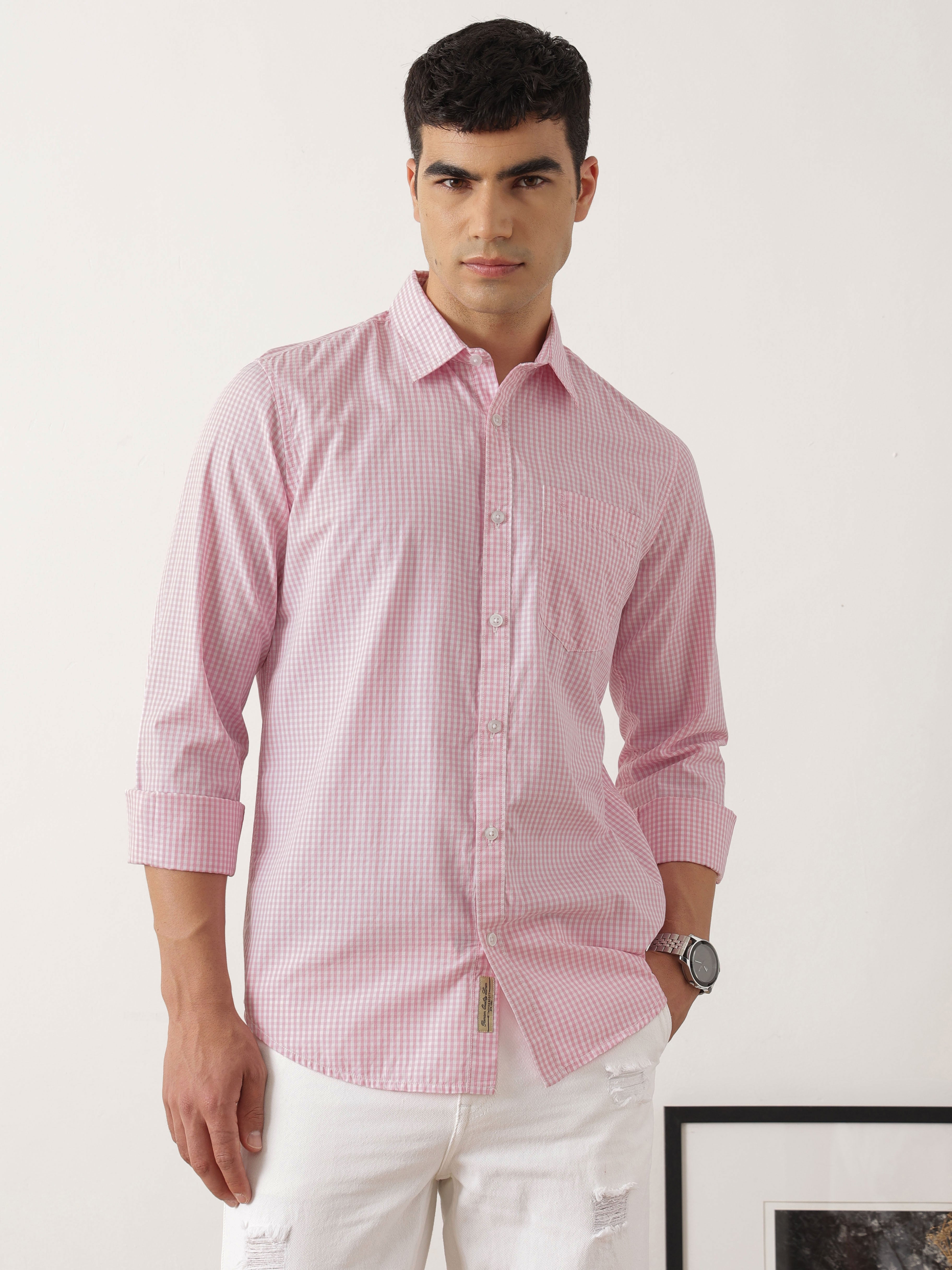 Thomas Scott Men Premium Pink Slim Fit Long Sleeves Spread Collar Gingham Checks Cotton Linen Casual Shirt