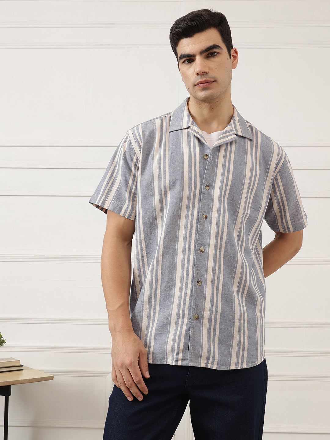 Blue Oversized Fit Vertical Stripes Cuban Collar Cotton Linen Casual Shirt For Men