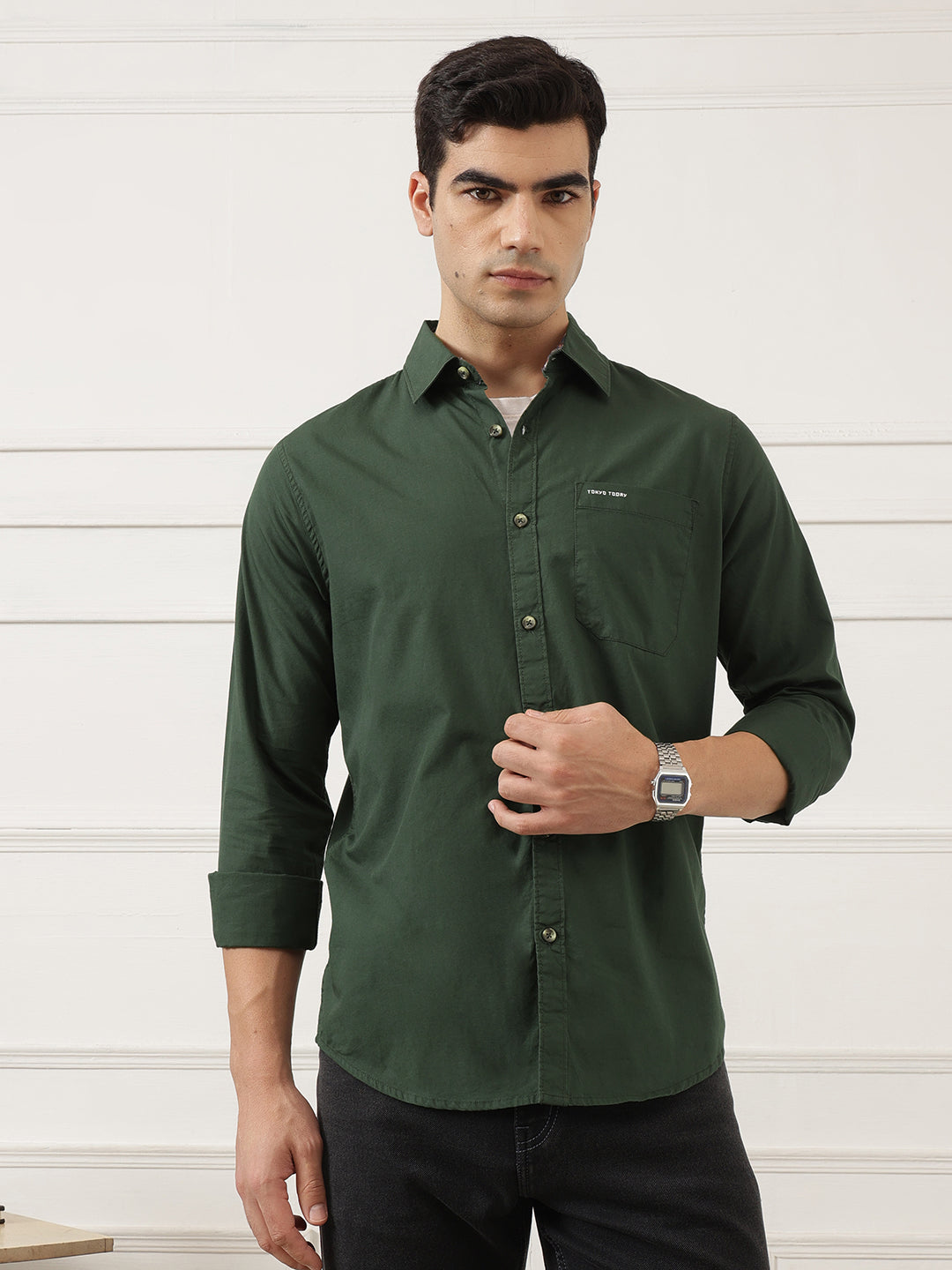 Olive Premium Regular Fit Long Sleeves Spread Collar Solid Cotton Casual Shirt For Men