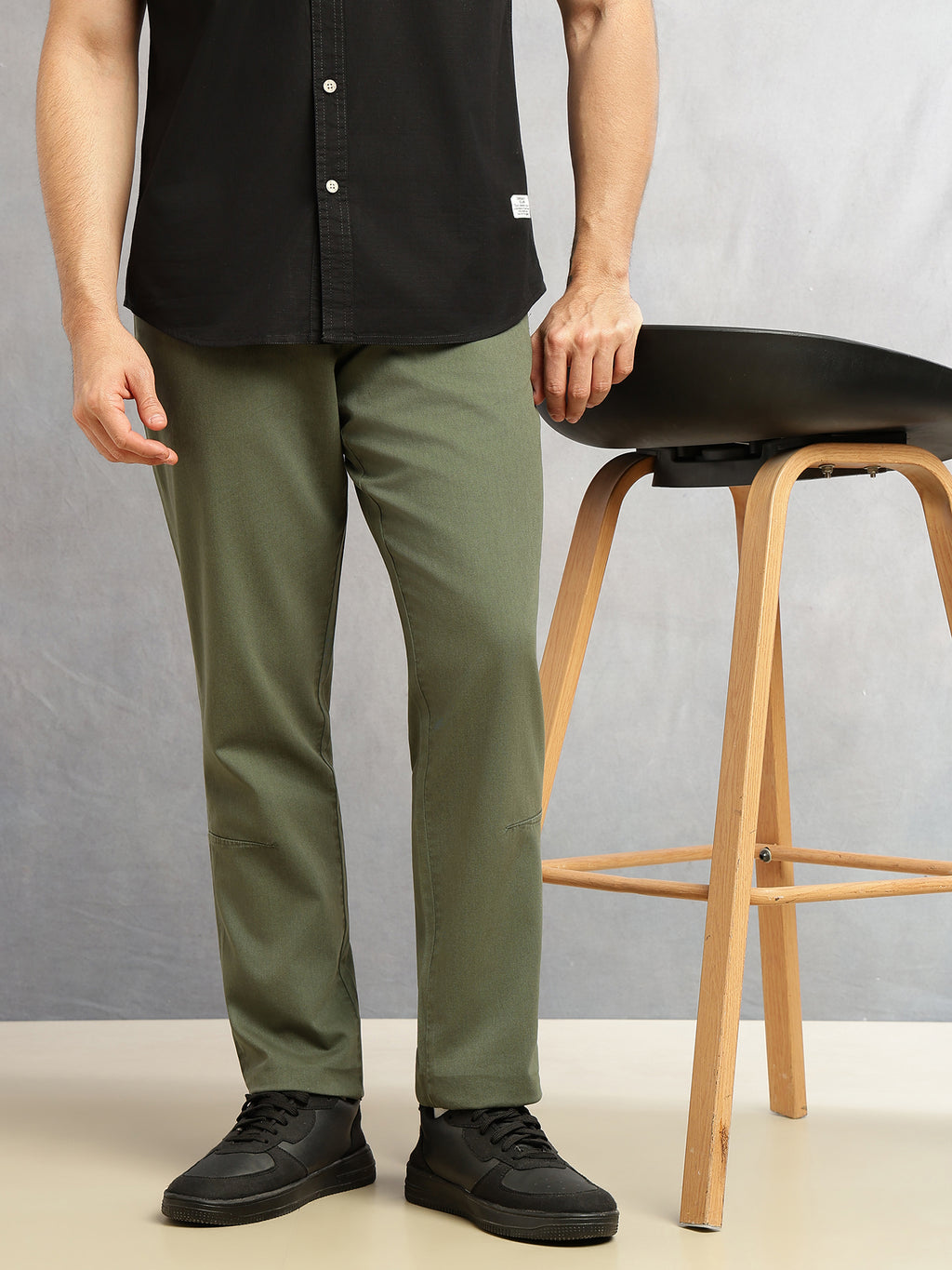 Olive Cricket Club Collection Straight Fit Mid-Rise Solid 4 Pockets 100% Cotton Woven Chinos Trouser