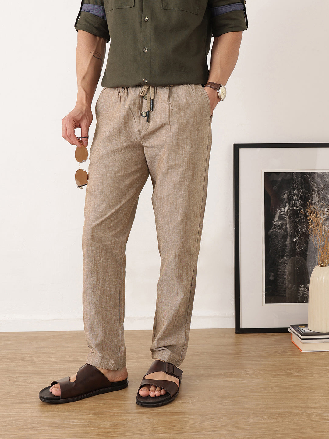 Thomas Scott Men Khaki Smart Relaxed Fit Mid-Rise Solid Cotton Linen Pleated Casual Trousers