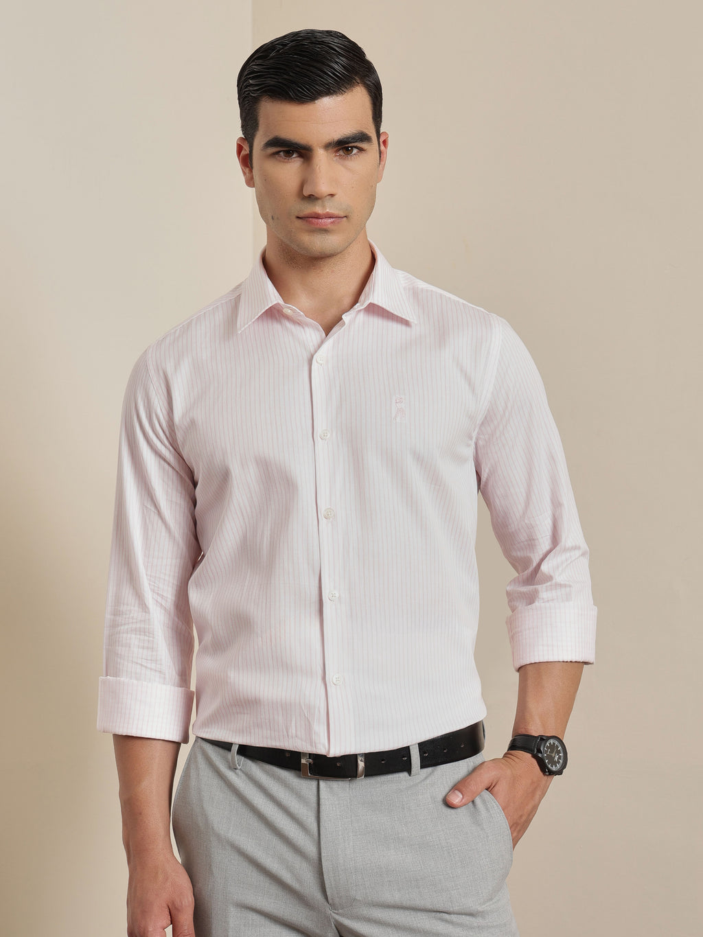 Thomas Scott Men Premium Pink Vertical Stripes Cotton Formal Shirt with Spread Collar & Full Sleeves