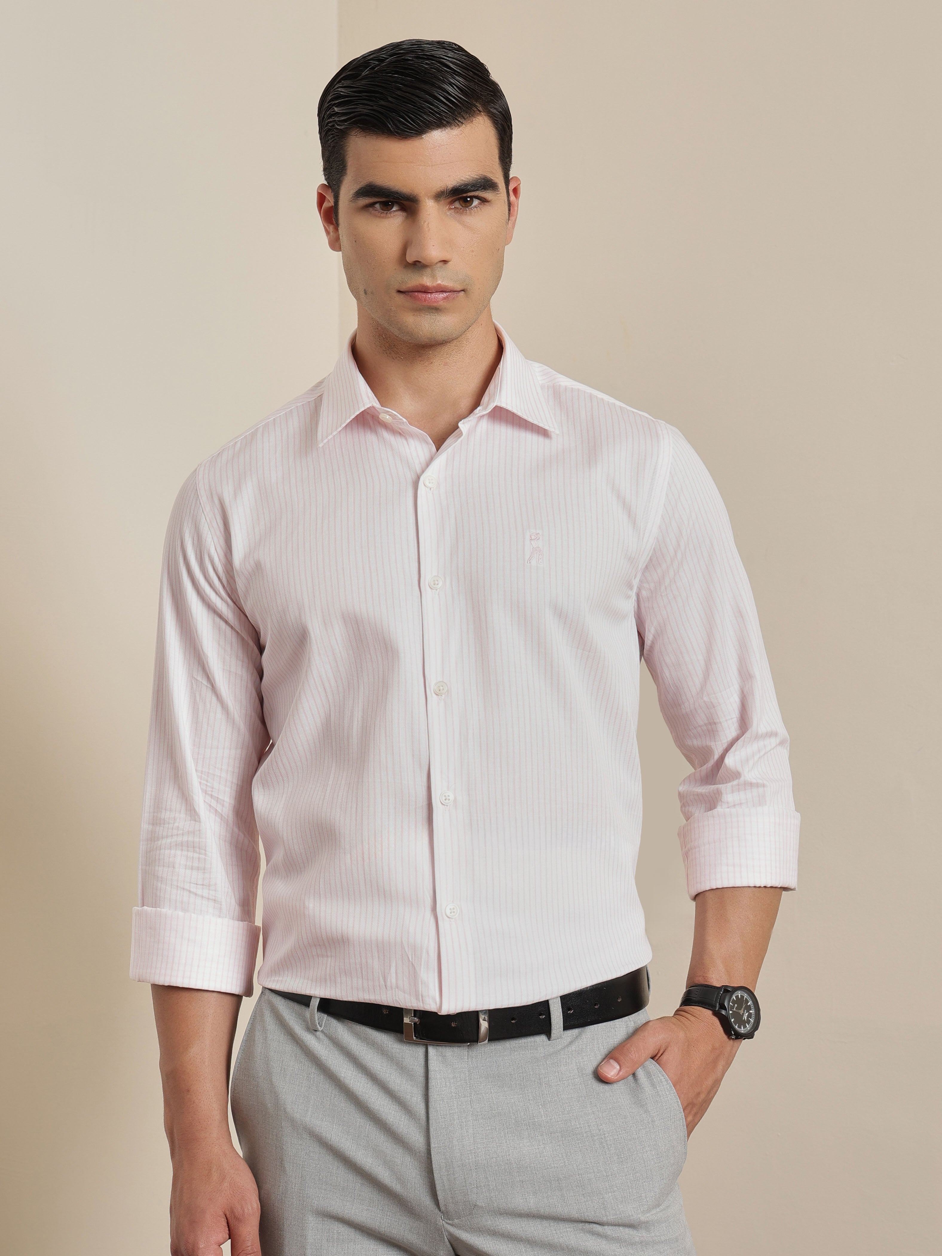 Thomas Scott Men Premium Pink Vertical Stripes Cotton Formal Shirt with Spread Collar & Full Sleeves