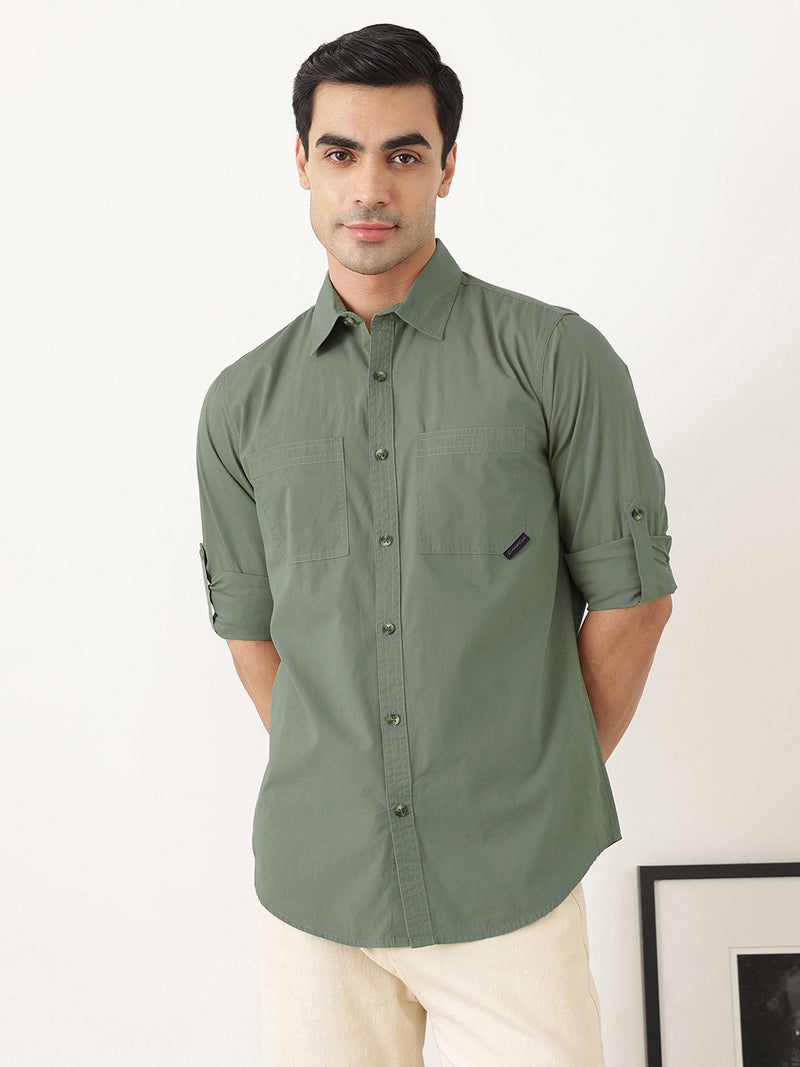 Thomas Scott Men Premium Mint Slim Fit Long Roll-Up Sleeves Spread Collar Solid Cotton Casual Shirts