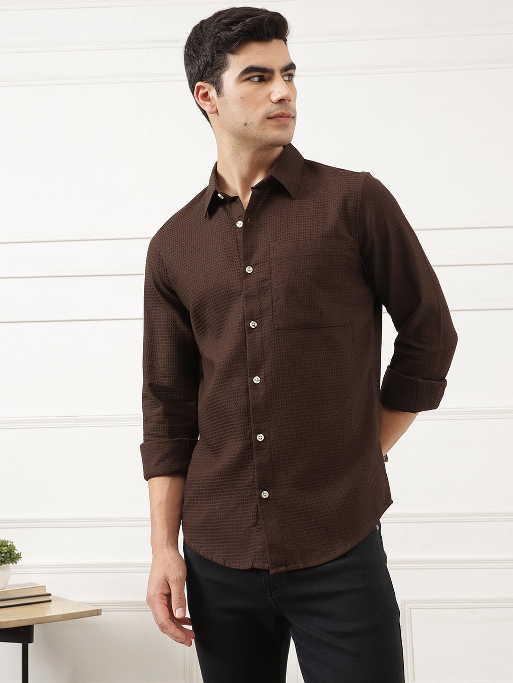 Brown Premium Regular Fit Long Sleeves Spread Collar Textured Cotton Casual Shirt For Men