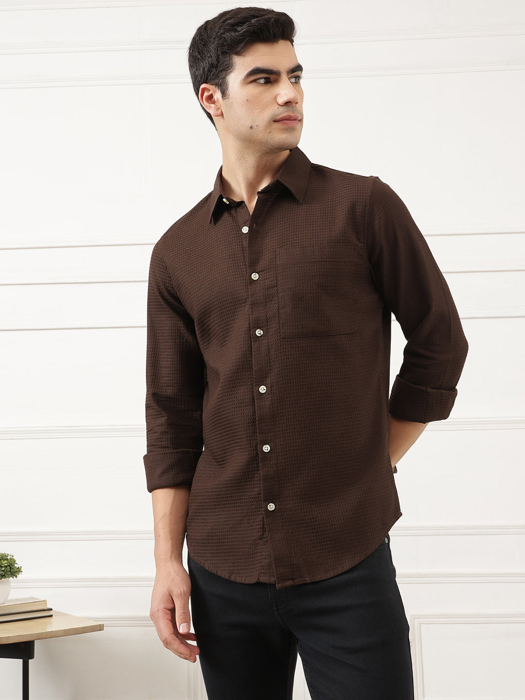 Brown Premium Regular Fit Long Sleeves Spread Collar Textured Cotton Casual Shirt For Men