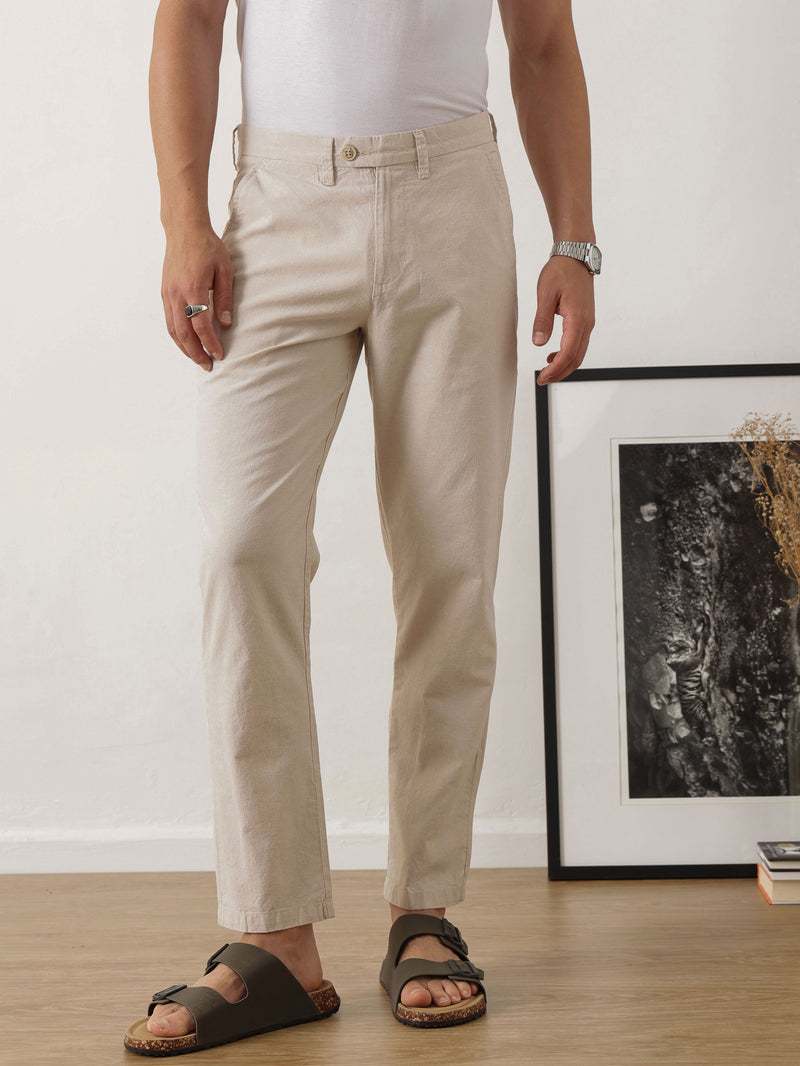 Thomas Scott Men Smart Beige Straight Fit Mid-Rise Solid Woven Linen Trouser