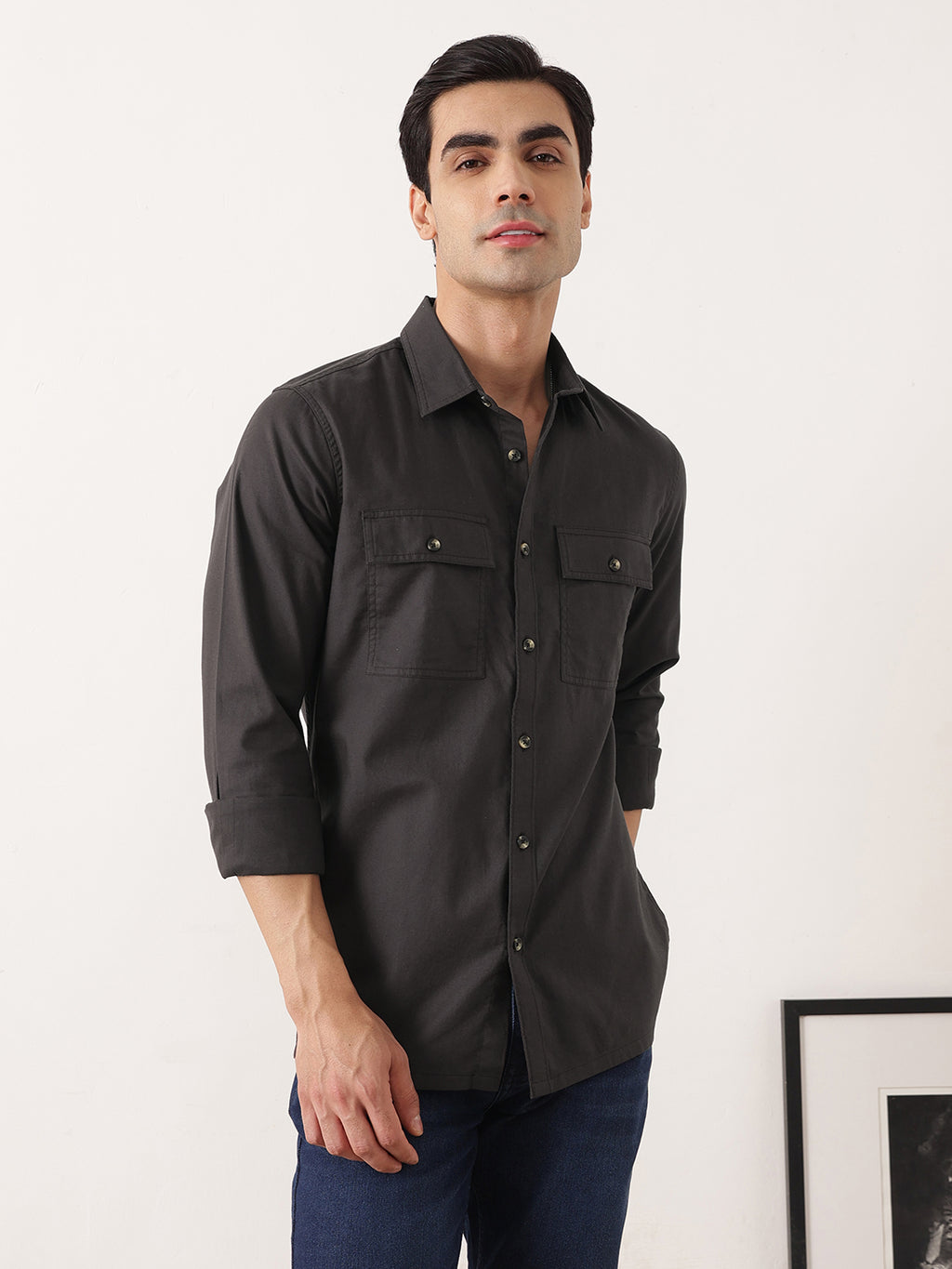 Thomas Scott Men Dark Grey Premium Regular Fit Long Sleeves Spread Collar Solid Cotton Casual Shirt with 2 Flap Pockets