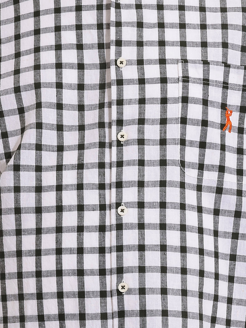 Thomas Scott Men Premium Green Plus Size Regular Fit Long Sleeves Button Down Collar Gingham Checks Cotton Linen Casual Shirt