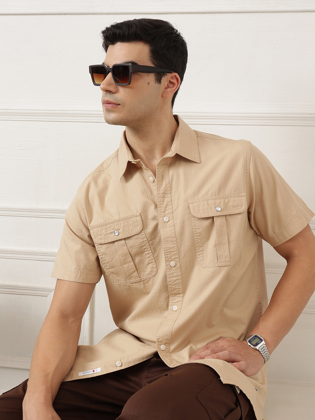 Beige Premium Regular Fit Short Sleeves Spread Collar Textured Casual Shirt For Men