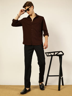 Thomas Scott Men Brown Premium Regular Fit Long Sleeves Spread Collar Textured Casual Shirt