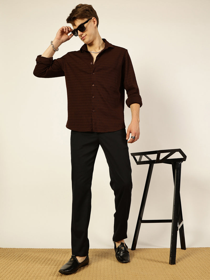 Thomas Scott Men Brown Premium Regular Fit Long Sleeves Spread Collar Textured Casual Shirt