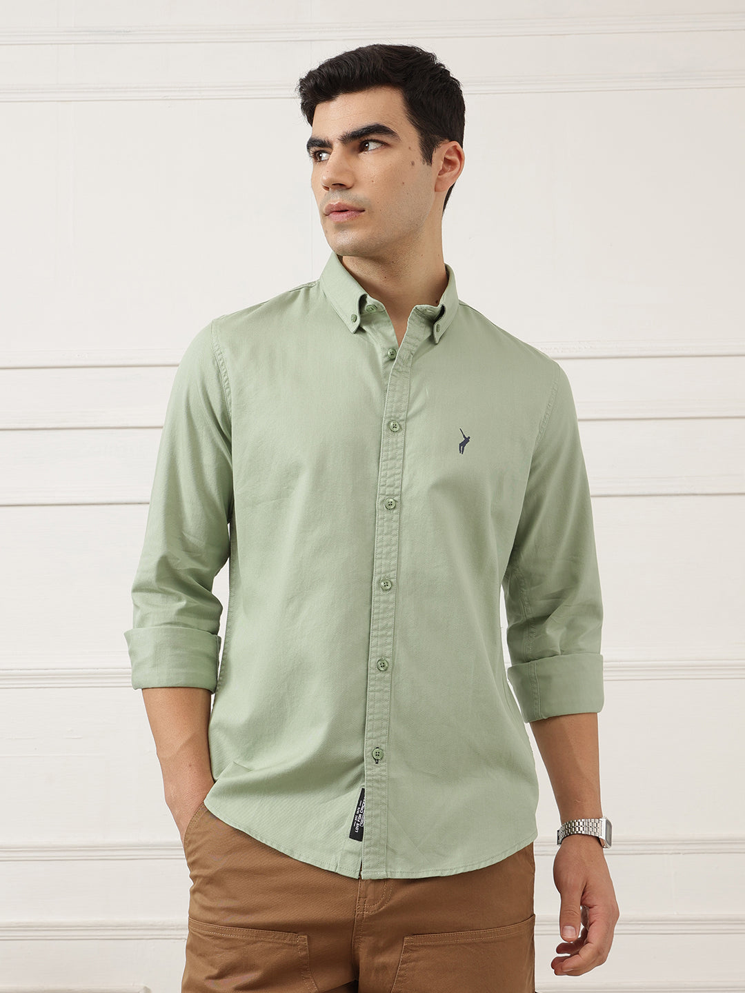 Light Green Premium Slim Fit Long Sleeves Button-Down Collar Solid Cotton Casual Shirt For Men