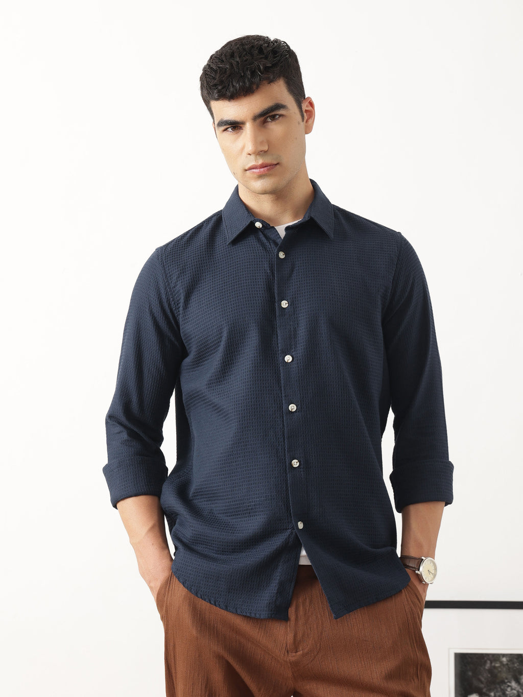 Thomas Scott Men Premium Navy Blue Regular Fit Long Sleeves Spread Collar Textured Casual Shirt