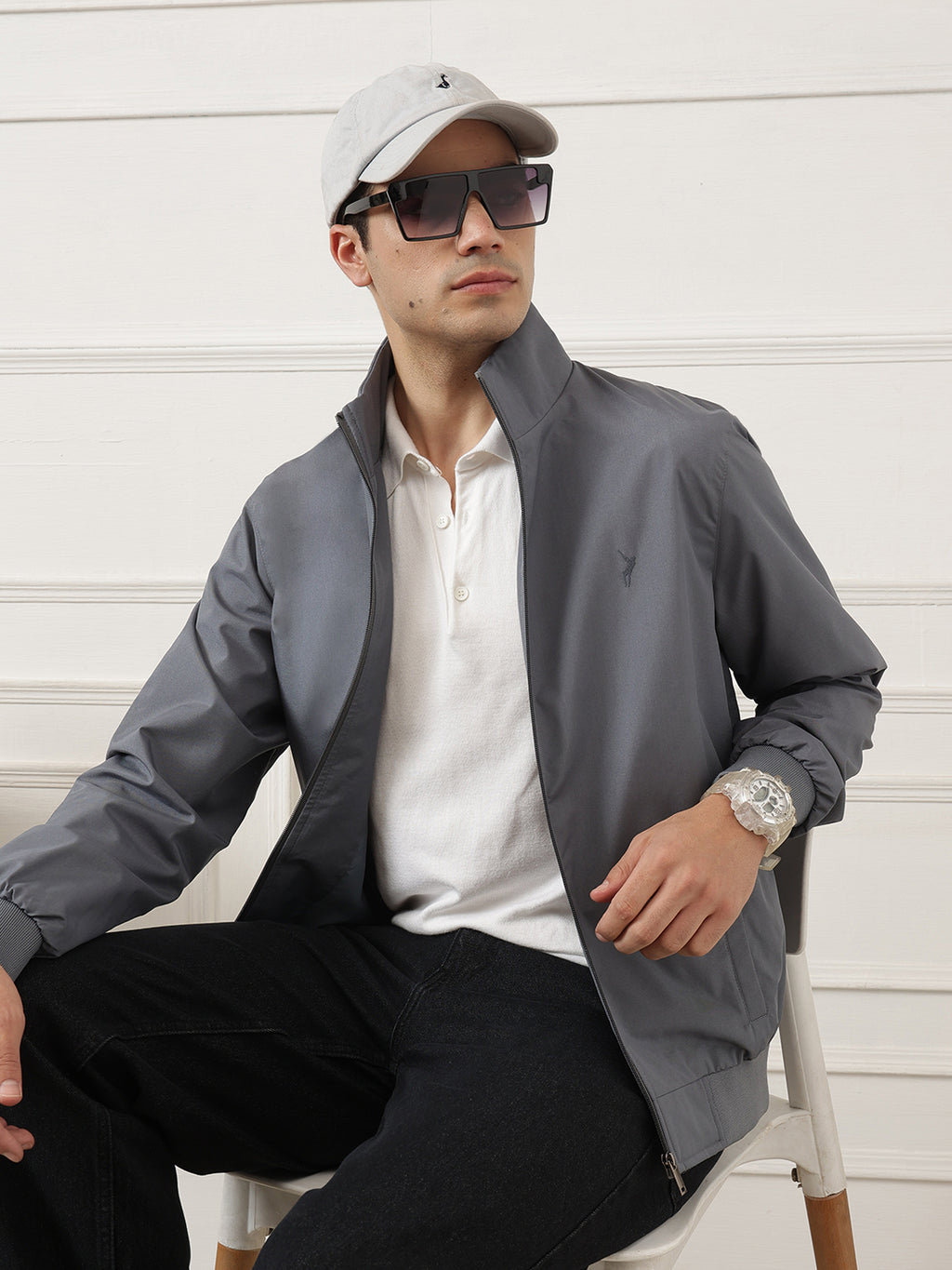 Grey Regular Fit Solid Full Sleeves Stand Collar Zip-Front Casual Bomber Jacket For Men