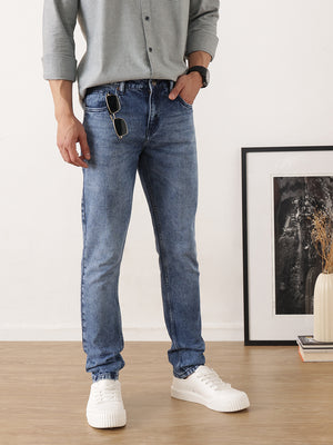 Mid Blue Smart Slim Fit Mid-Rise Clean Look Non Stretchable Jeans For Men