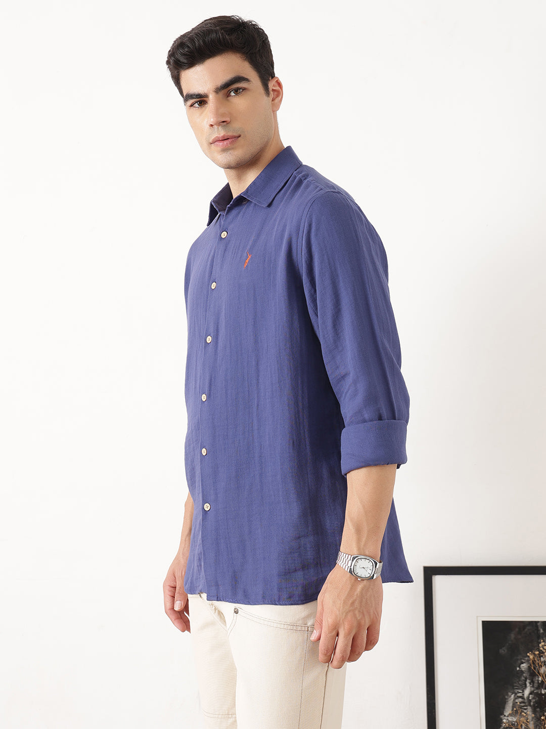 Royal Blue Premium Regular Fit Long Sleeves Spread Collar Solid Cotton Casual Shirt For Men