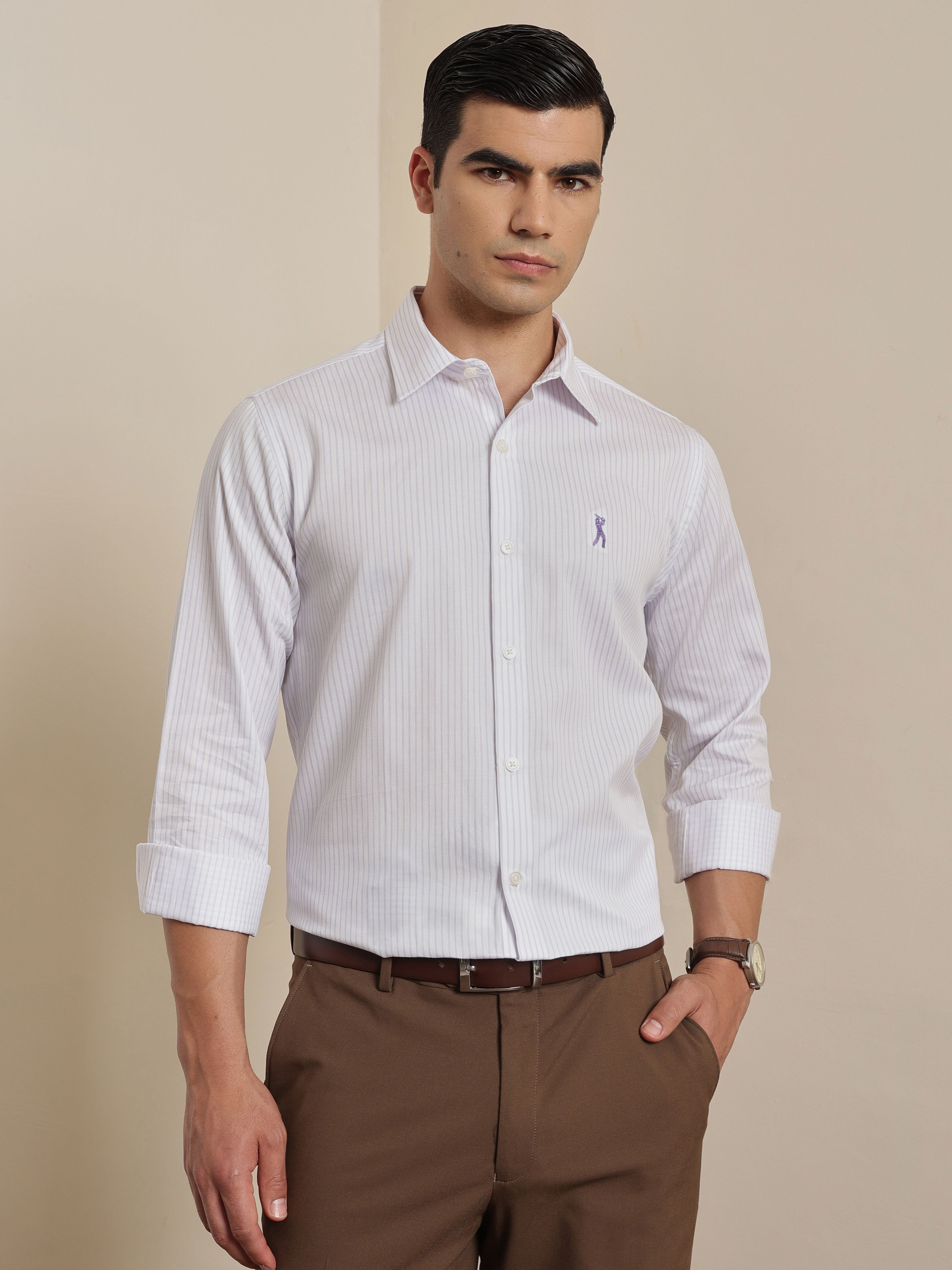 Thomas Scott Men Premium Violet Vertical Stripes Cotton Formal Shirt with Spread Collar & Full Sleeves