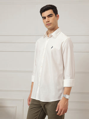 Off White Premium Regular Fit Long Sleeves Spread Collar Solid Knitted Casual Shirt For Men