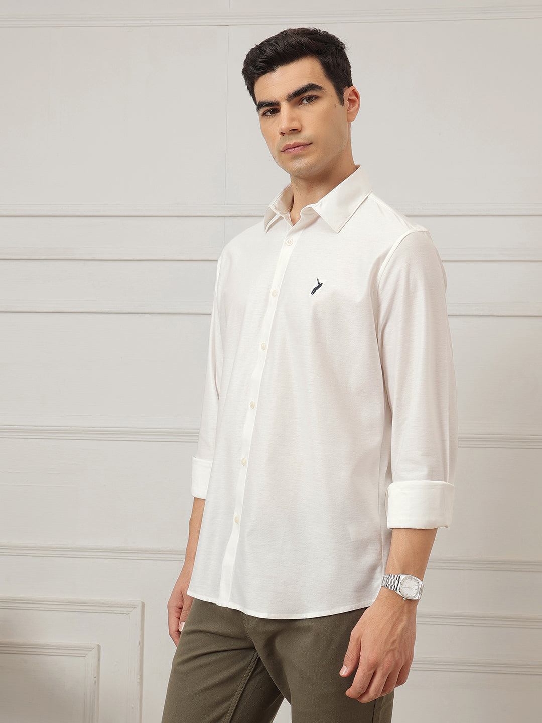 Off White Premium Regular Fit Long Sleeves Spread Collar Solid Knitted Casual Shirt For Men