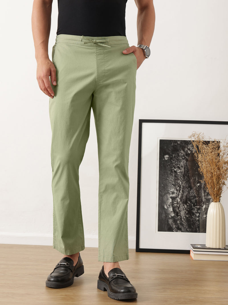 Thomas Scott Men Smart Olive Regular Fit Mid-Rise Solid Woven Cotton Linen Trouser