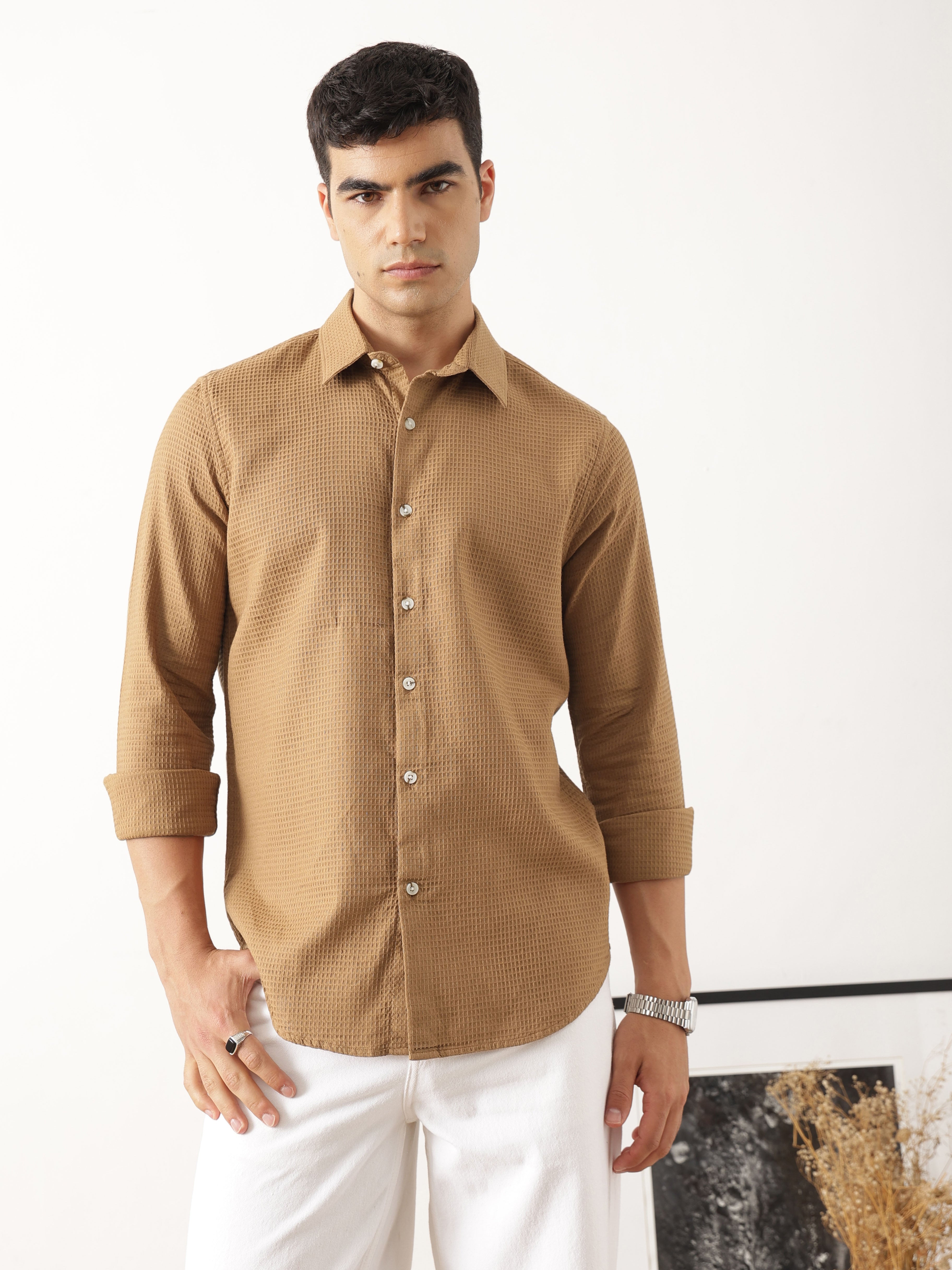 Thomas Scott Men Premium Rust Regular Fit Long Sleeves Spread Collar Textured Casual Shirt