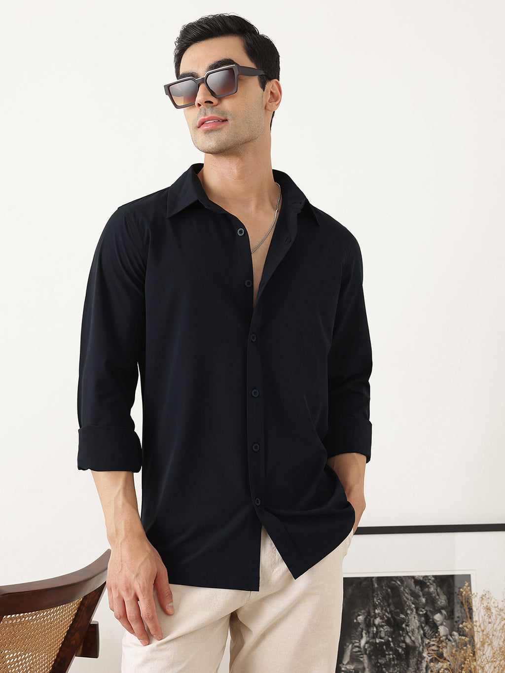 Thomas Scott Men Premium Navy Slim Fit Long Sleeves Spread Collar Solid Casual Shirt