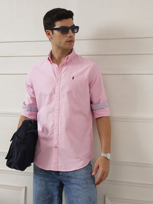 Light Pink Premium Regular Fit Button-Down Collar Solid Pure Cotton Casual Shirt For Men