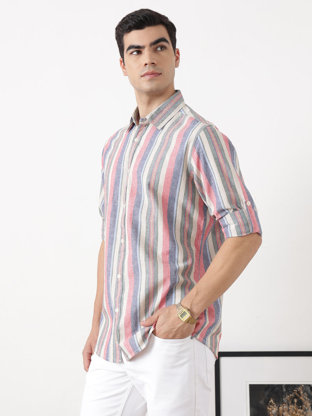 Natural Regular Fit Roll-Up Sleeve Spread Collar Vertical Striped Cotton Linen Casual Shirt For Men