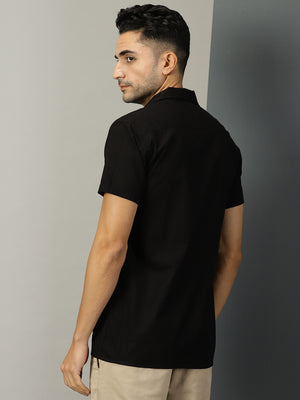 Thomas Scott Men Black Classic Short Sleeves Regular Fit Spread Collar Solid Cotton Casual Shirt