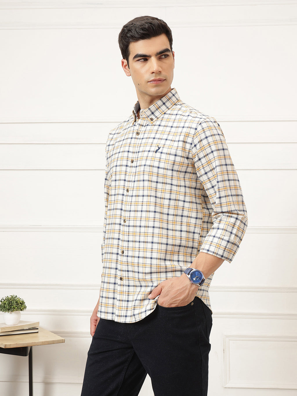 Off White Premium Regular Fit Tartan Checks Cotton Oxford Shirt For Men